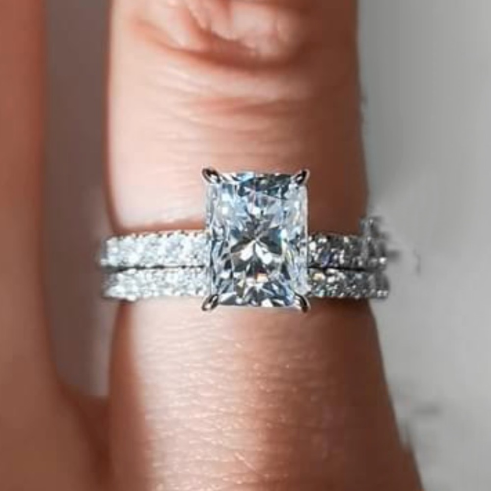 2ct Radiant Moissanite ring 10k white gold hidden halo